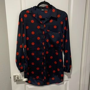Zara silky navy dress shirt with red polka dots
